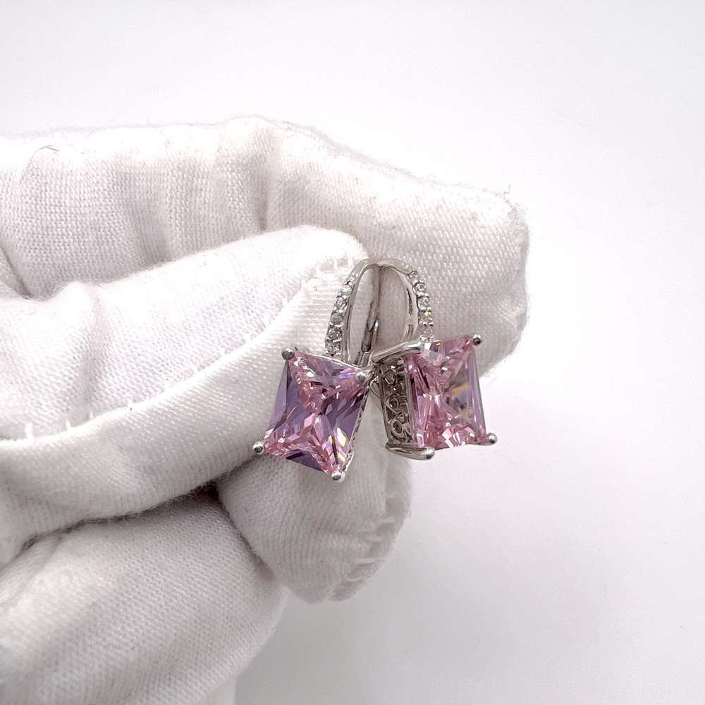 .925 Sterling Silver 9mmx7mm Rectangle Pink Cz Lever Back Earrings - Picture 3 of 13